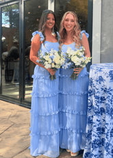 Andrea | Sheath Ruffles Blue Chiffon Maxi Bridesmaid Dress with Scoop and Lace - up Back - Price #price_variant_lowest# - Blue - PromDressClub